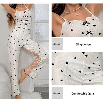 2-Piece Women’s Sexy Mesh Lace Pajama Set – Transparent Ribbed Strap Top & Pants Lounge Sleepwear