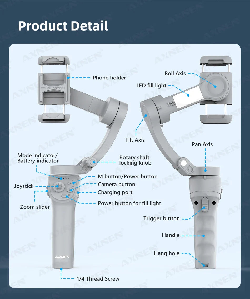 HQ6 3-Axis Gimbal Handheld Stabilizer – With Fill Light, Face Tracking, Anti-Shake for Android & iPhone Video Recording