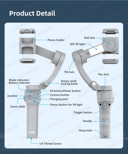 HQ6 3-Axis Gimbal Handheld Stabilizer – With Fill Light, Face Tracking, Anti-Shake for Android & iPhone Video Recording