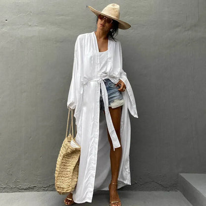 Women’s Solid Belted Wrap Kimono Beach Cover Up Dress – Swimsuit Robe Summer Beachwear 2025 New Casual Vacation Outfit