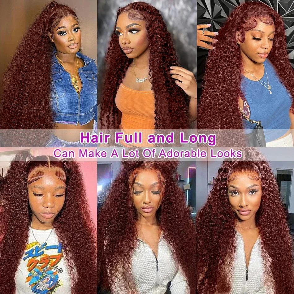 30–40 Inch Reddish Brown Human Hair Wig – 13x6/13x4/13x7 HD Lace Frontal, 250% Density Colored Deep Wave Curly Wig