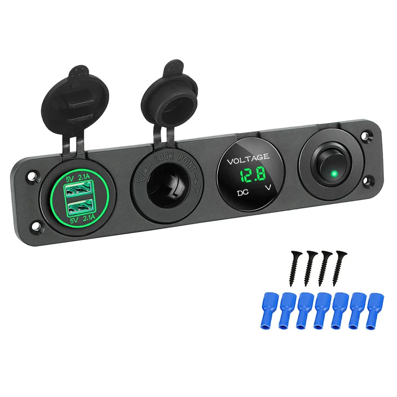 4-in-1 Marine Switch Panel | 12V Dual USB Charger, Power Outlet, LED Voltmeter & Cigarette Lighter Socket
