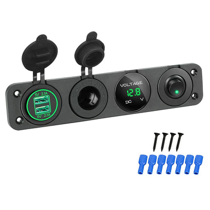 4-in-1 Marine Switch Panel | 12V Dual USB Charger, Power Outlet, LED Voltmeter & Cigarette Lighter Socket