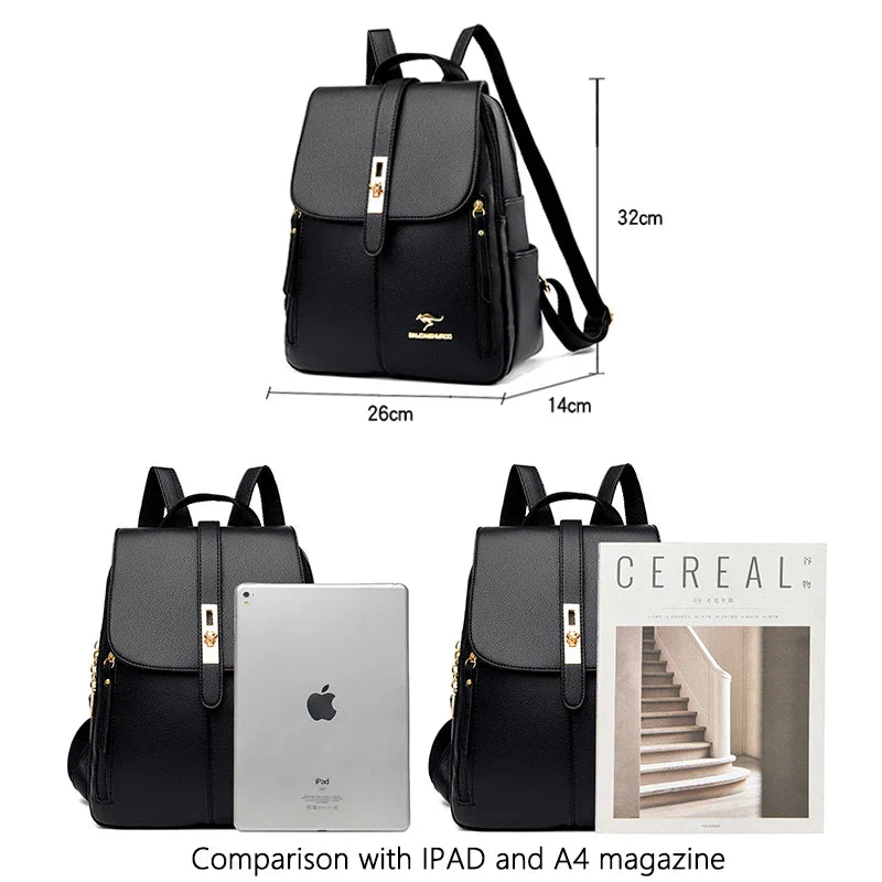 Luxury Leather Backpack for Women - Vintage Black Daypack, Casual School Bag for Girls, Mochila Rucksack Style