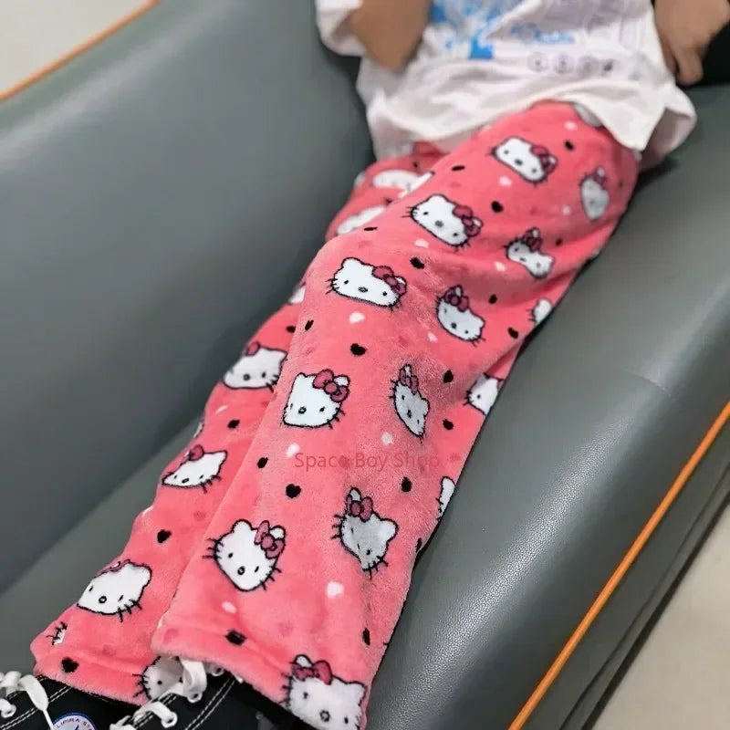 Thick Hello Kitty Fleece Pajama Pants – Soft Double Elastic Anime Trousers for Women, Cute Sanrio Birthday Gift