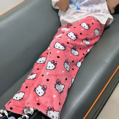 Thick Hello Kitty Fleece Pajama Pants – Soft Double Elastic Anime Trousers for Women, Cute Sanrio Birthday Gift