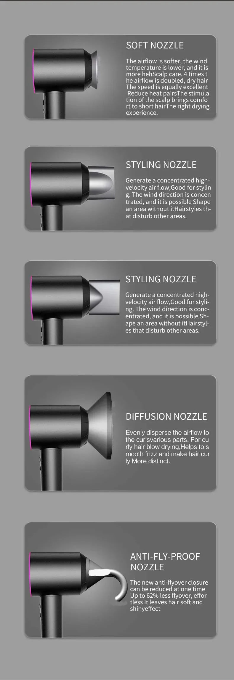 Professional Leafless Hair Dryer – Powerful Negative Ion Quick-Dry with 5 Attachments & Constant Anion Technology