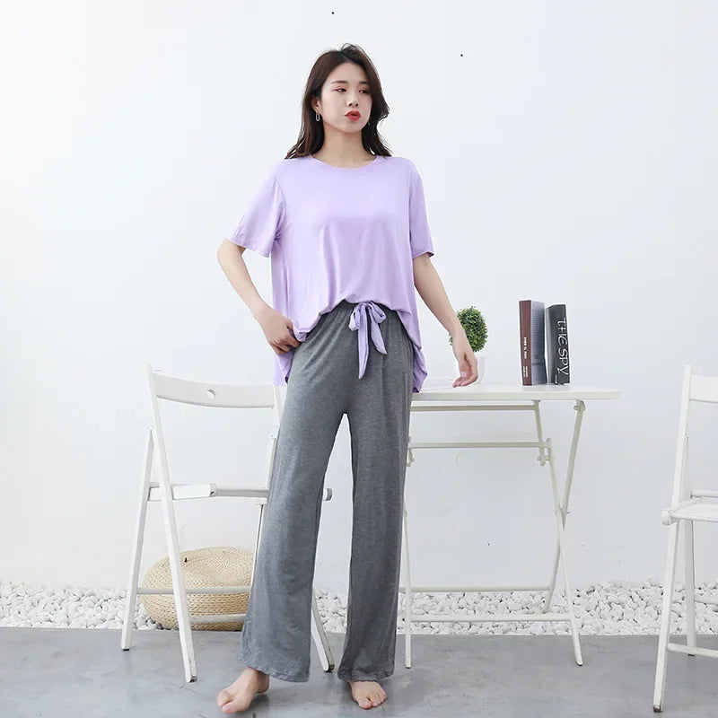 Women's Summer Modal Pajamas Set – Lightweight Short Sleeve Top and Loose Trousers Two-Piece Homewear