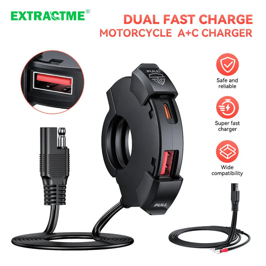 Extractme Motorcycle Phone Charger — Ultra-Narrow Dual USB Type-C 30W PD & Quick Charge 3.0 Waterproof USB Port