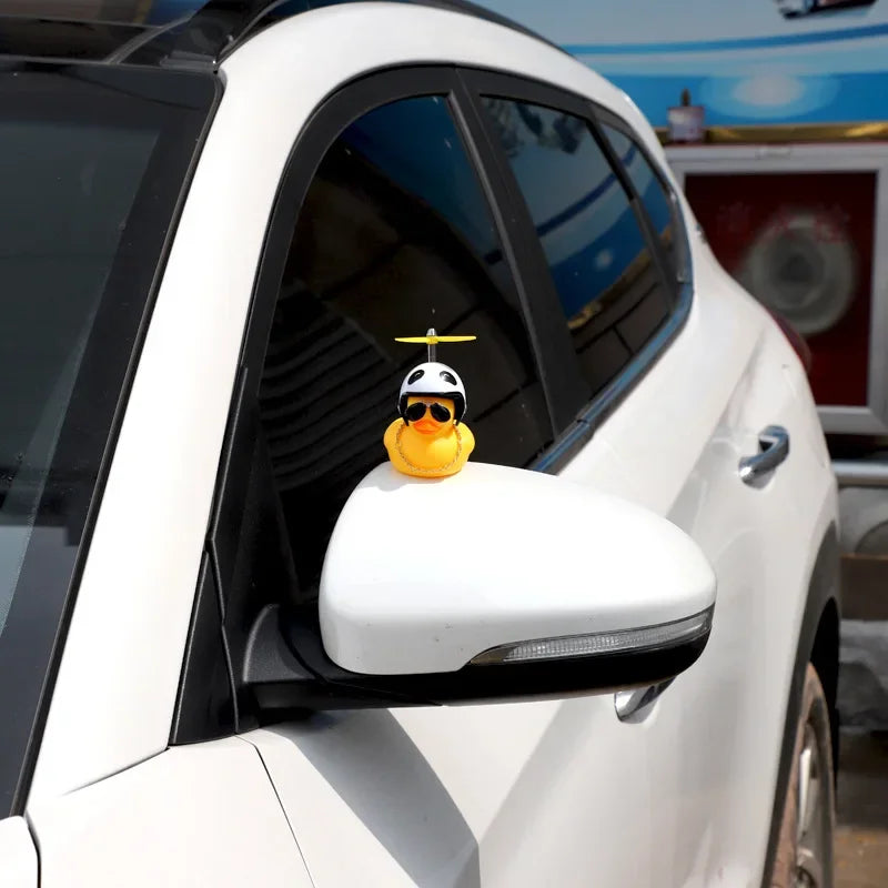 Cool Rubber Duck Car Ornament - Yellow Duck with Glasses, Propeller Helmet, and Gold Chain for Dashboard Decoration