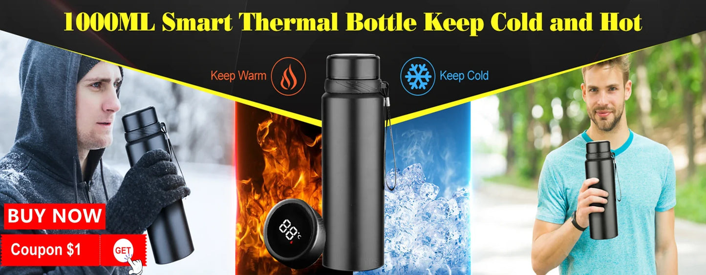 1000ML Smart Thermos Bottle with Temperature Display – Intelligent Vacuum Flask for Hot & Cold Water, Tea, Coffee