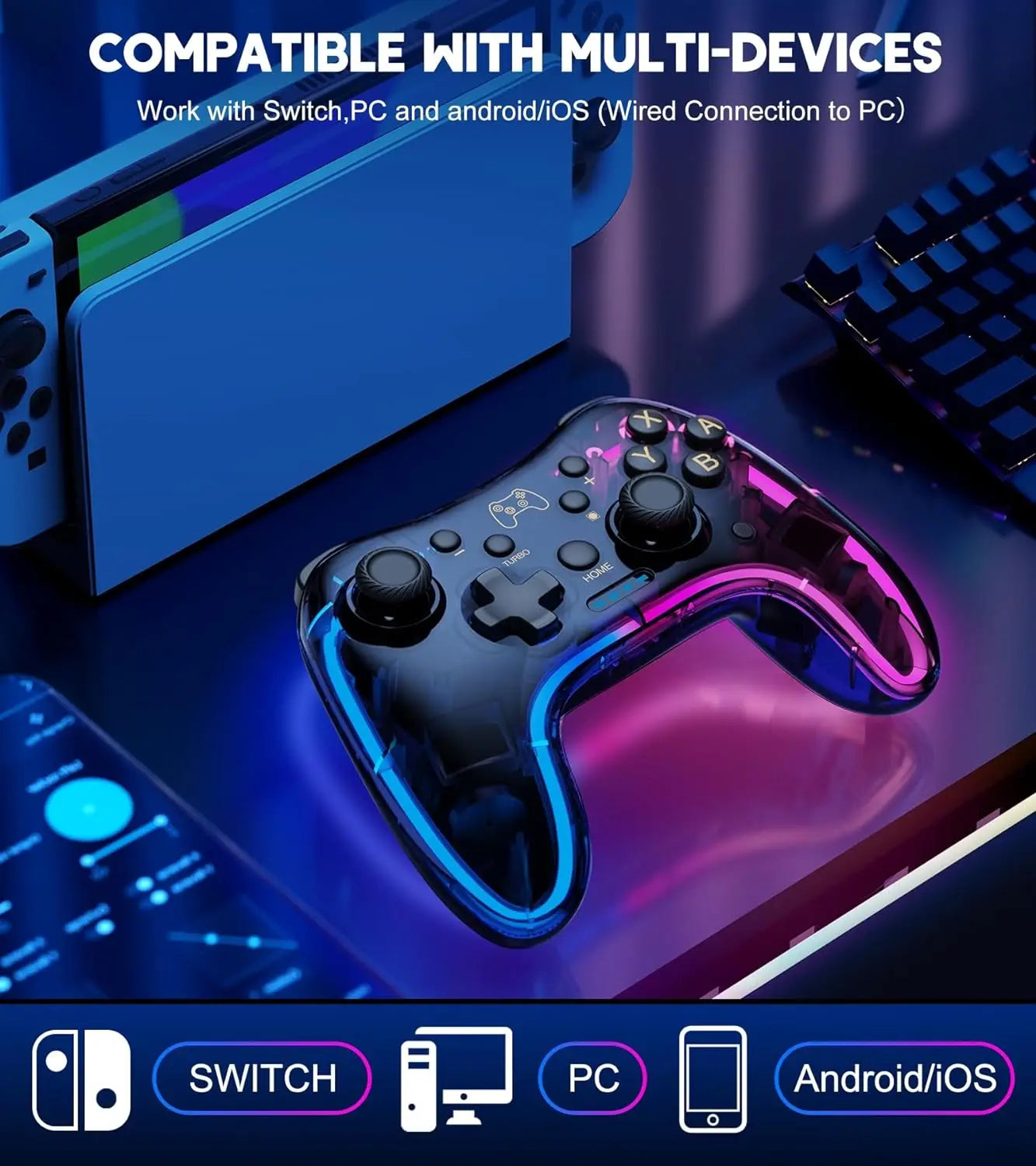 Controller 7039 for Nintendo Switch – Transparent Gamepad with RGB Lights, Turbo, Wake-Up, Multi-Platform & App Support