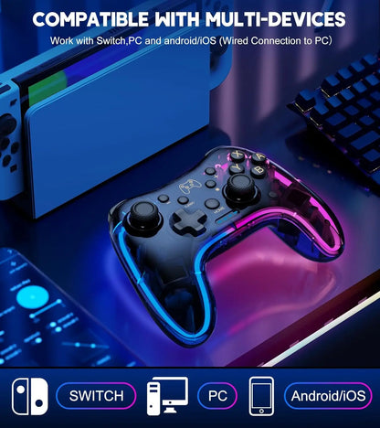 Controller 7039 for Nintendo Switch – Transparent Gamepad with RGB Lights, Turbo, Wake-Up, Multi-Platform & App Support