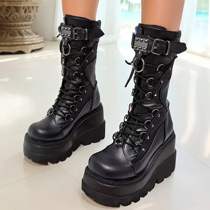 Brand New Women’s Goth Platform Boots – Punk Rivet Buckle Wedge High Heel Party Street Cosplay Shoes