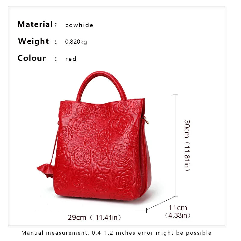 Classic Embossed Women’s Leather Bag — Large Capacity Top Cowhide Crossbody Purse