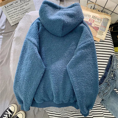 Women's Warm Fluffy Hoodie - Autumn Winter Lamb Wool Fleece Pullover Sweatshirt with Letter Print