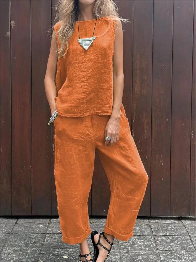 Women Summer Cotton Linen 2-Piece Set – Sleeveless Solid Color Top & Trousers Casual Fashion Outfit Suit