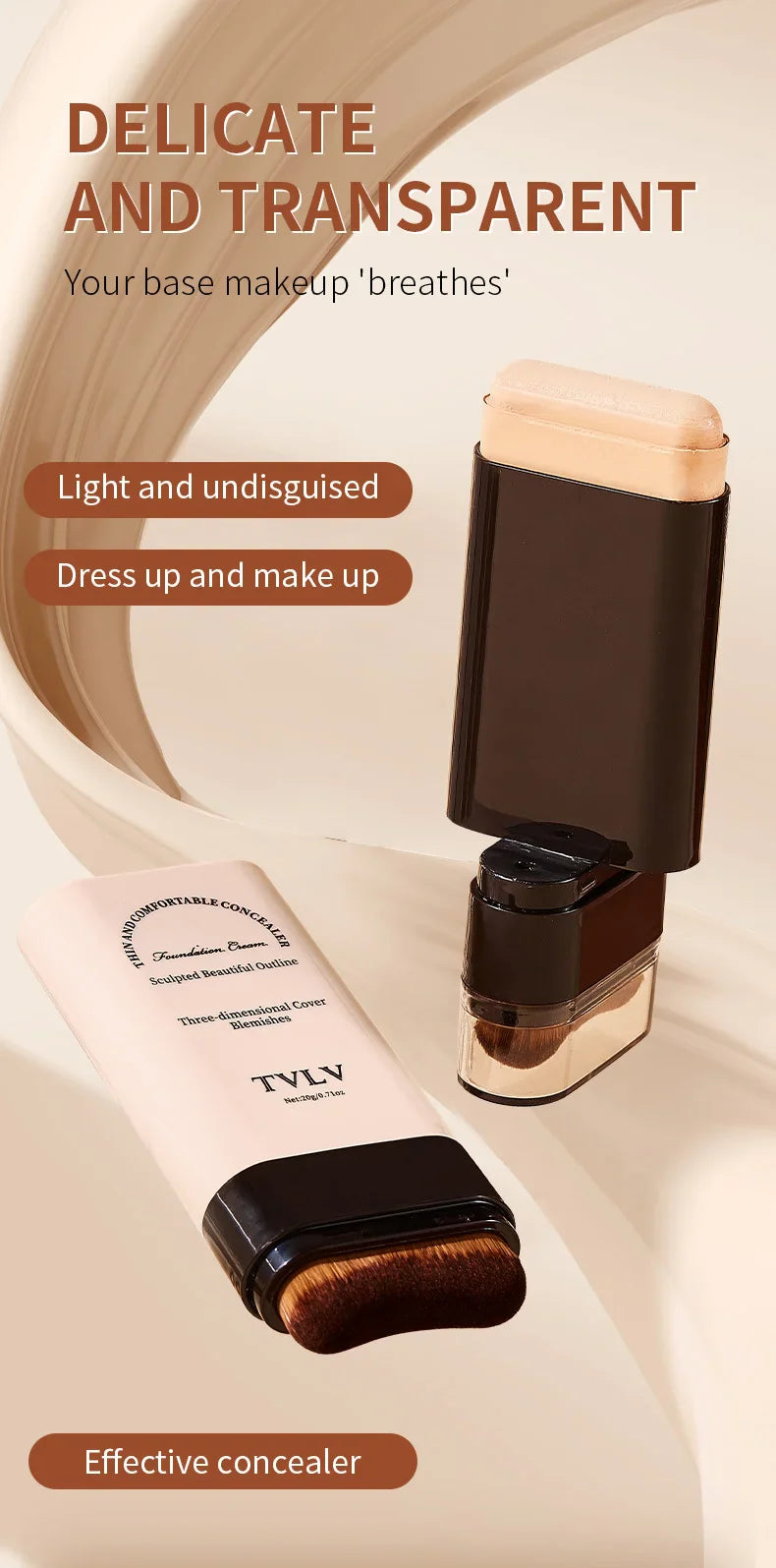 TVLV Eraser Foundation Stick with Brush – 20g Brightening Liquid Foundation & Long-Lasting Concealer