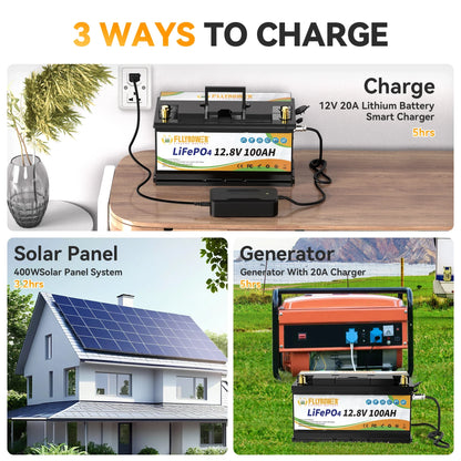 12V 100Ah LiFePO4 Battery Pack – 12.8V Lithium Iron Phosphate with 100A BMS for RV, Boat, Inverter, Solar & Wind Power Systems