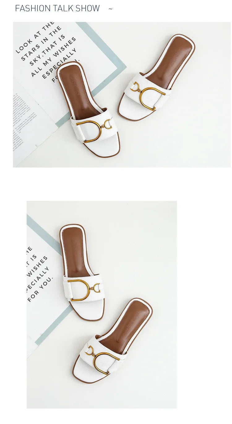 Women’s Flat Slippers — Summer Leather Square Toe Flats, Designer Slides & Luxury Sandals