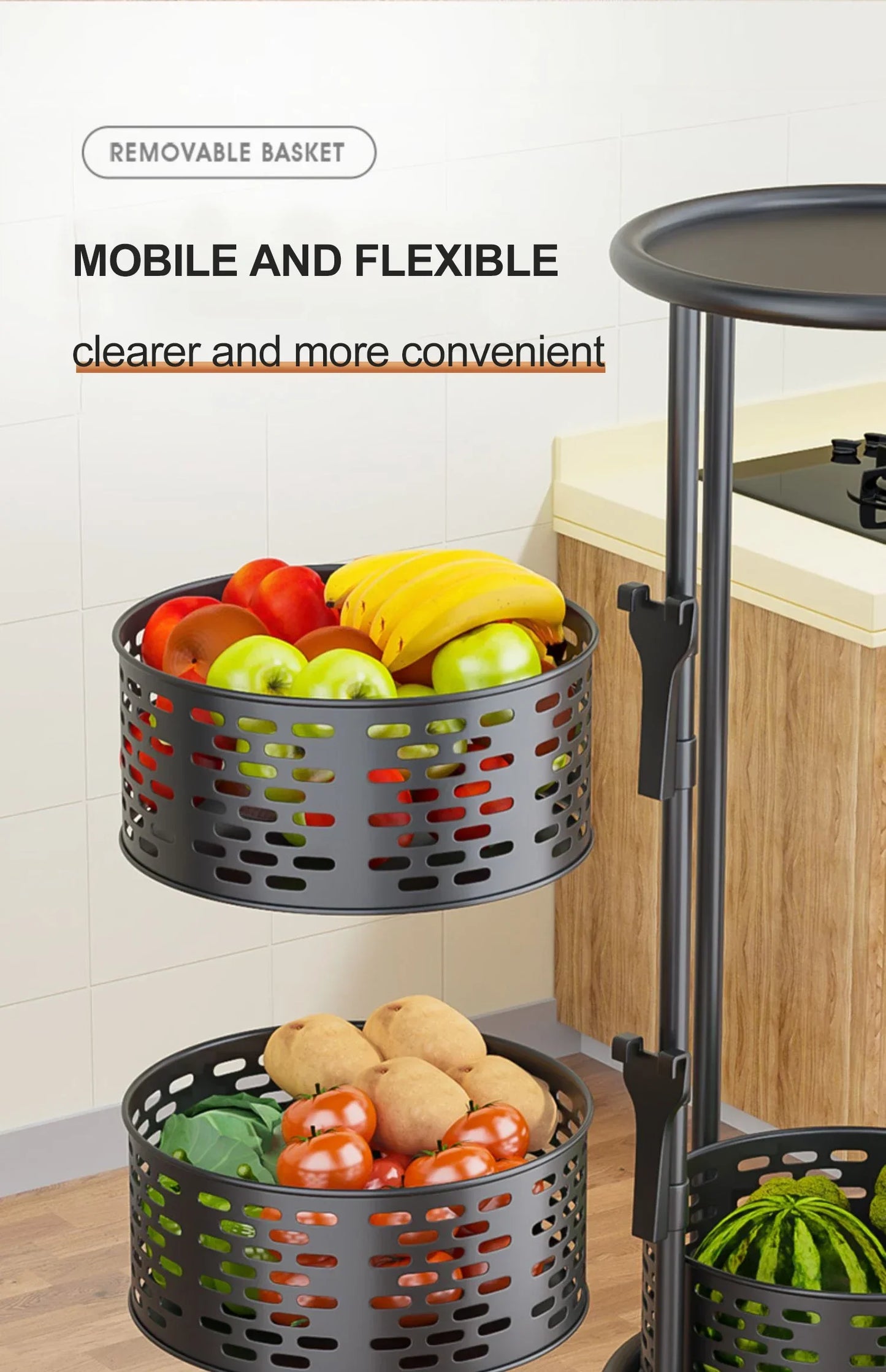 5 Layer Stainless Steel Rotating Shelf - Kitchen & Bathroom Storage Baskets, Fruit & Vegetable Rack with Wheels