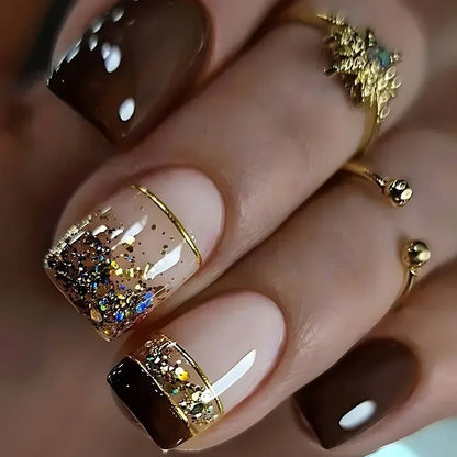 24PCS Short Square Coffin False Nails – French Glitter Acrylic Press-On Nail Tips with Glue, Wearable Fake Nails Set