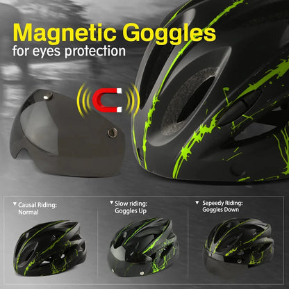 PJT 4-in-1 Lightweight Cycling Helmet - 18 Breathable Holes, Detachable Sun Visor & Goggles for Adults, Road & MTB Bike Helmet