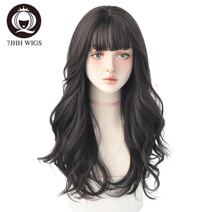 7JHH Brown Ash Long Deep Wave Lolita Wig for Women — Synthetic Hair with Bangs, Thick Curly Fashion Wig