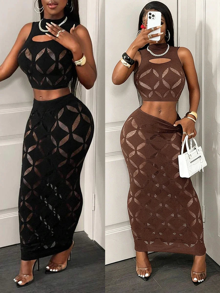 Plus Size 2-Piece Women’s Mesh Crop Tank & Bodycon Mini Skirt Set - Sexy Hollow Out Stretch Clubwear