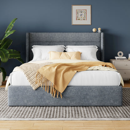 HOOMIC Lift-Up Storage Bed with Wingback Headboard - Heavy-Duty Hydraulic Platform Bed with Large Underbed Storage