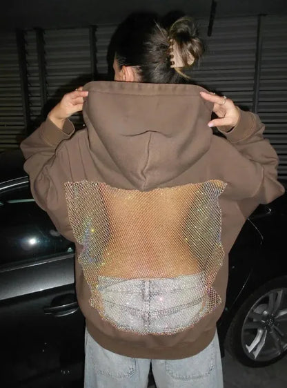 Women's Lace Splice Hoodie - Sexy See-Through Backless Fleece Pullover for Autumn & Winter Streetwear Fashion
