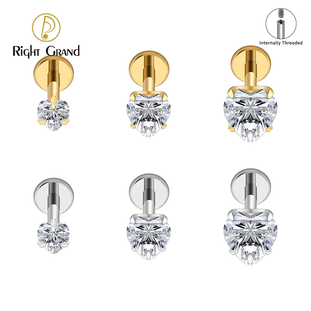 Right Grand ASTM F136 Titanium 16G Heart CZ Threaded Labret Stud – 3mm/4mm/5mm CZ Cartilage, Tragus, Helix & Nose Piercing Jewelry