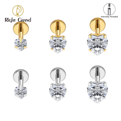 Right Grand ASTM F136 Titanium 16G Heart CZ Threaded Labret Stud – 3mm/4mm/5mm CZ Cartilage, Tragus, Helix & Nose Piercing Jewelry