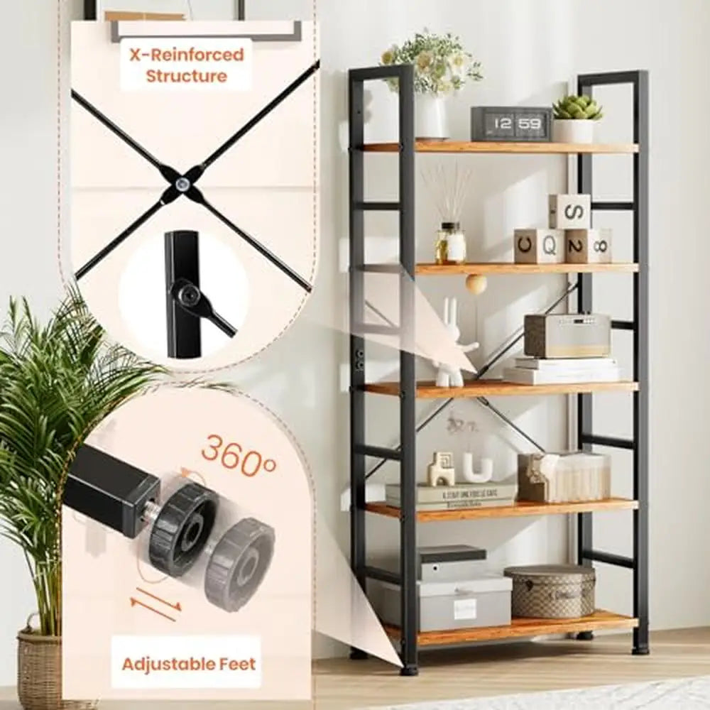 5 Tier Adjustable Bookshelf Organizer - Modern Wood & Metal Storage for Books, CDs, Movies, Garage Kits (23.62” x 11.81” x 62.2”)