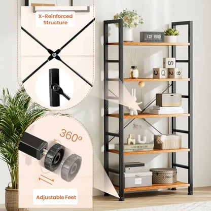 5 Tier Adjustable Bookshelf Organizer - Modern Wood & Metal Storage for Books, CDs, Movies, Garage Kits (23.62” x 11.81” x 62.2”)