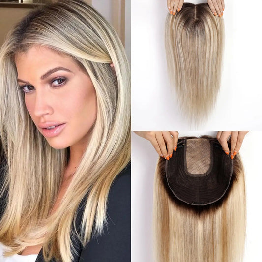 Brown Blonde Highlight Remy Human Hair Toppers – 16 Inch Straight Clip-In Silk Base Hairpiece for Women, Topper Hair Extensions