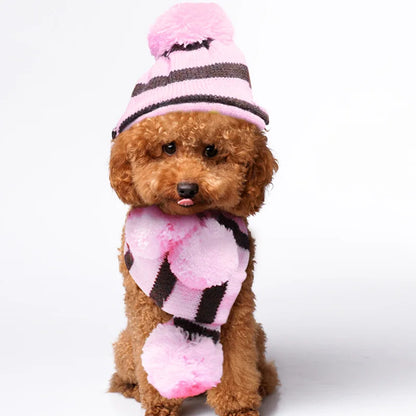 Winter Knitted Pet Accessories Set – Striped Hat, Scarf & Socks for Small Dogs, Puppies & Cats