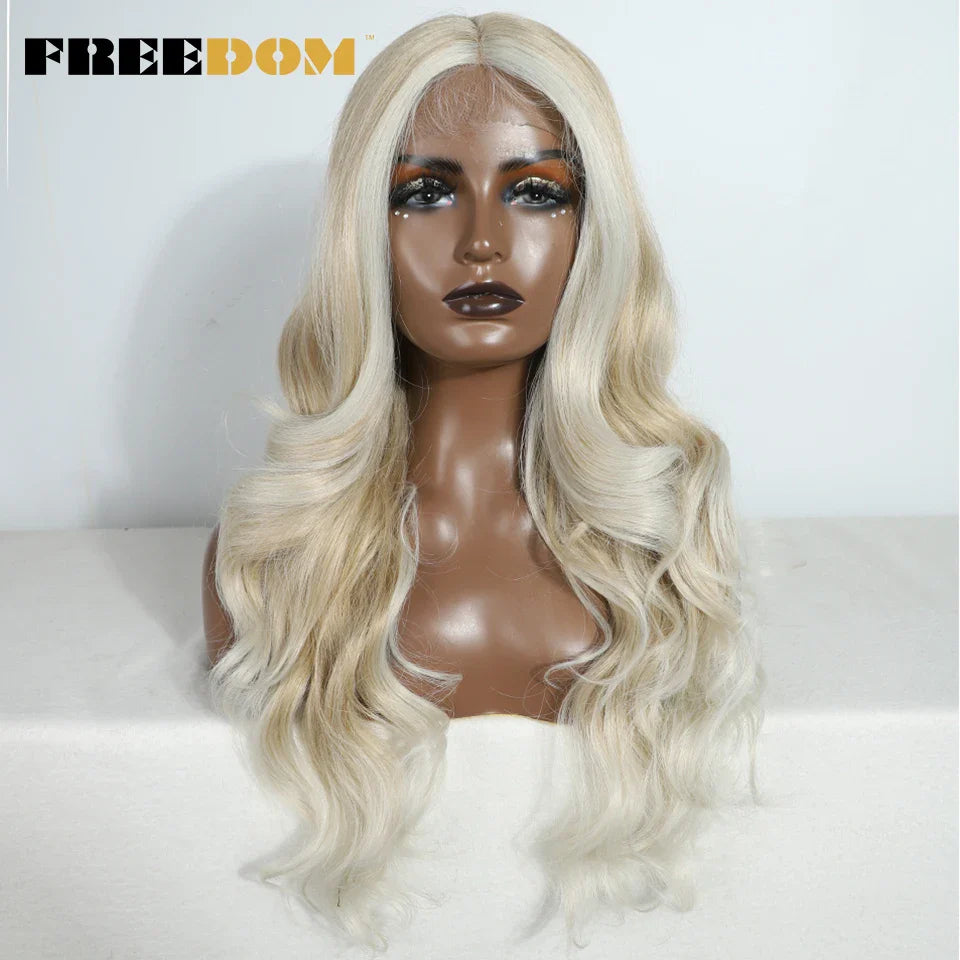 FREEDOM 26-Inch Synthetic Lace Front Wig for Women — Honey Brown Body Wave with Ombre Blonde Highlights, Cosplay & Fashion Wig