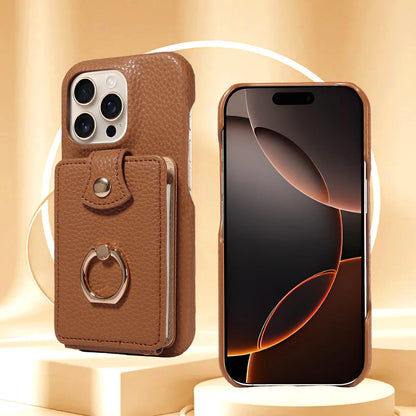 PU Leather iPhone Case with Ring & Card Slots – Anti-Fall Wallet Cover for iPhone 16 Pro Max, 15, 14, 13, 12, 11, 7, 8 Plus & 16e