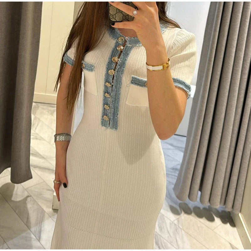 Elegant Denim Patchwork Knitted Long Dress – Women’s V-Neck Short Sleeve Bodycon with Buttons & Pockets