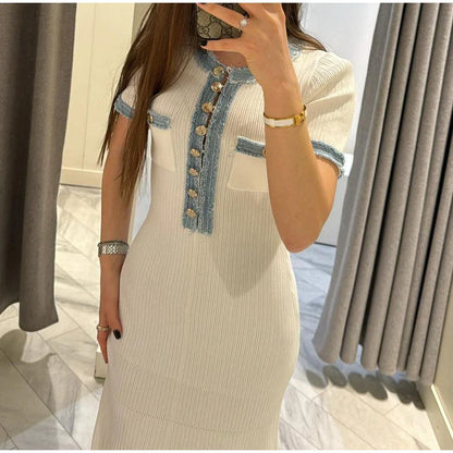 Elegant Denim Patchwork Knitted Long Dress – Women’s V-Neck Short Sleeve Bodycon with Buttons & Pockets
