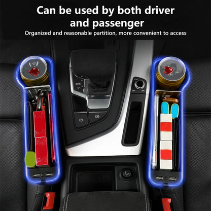 Car Crevice Storage Box with 2 USB Charger – LED Seat Gap Organizer, Phone, Bottle, and Cup Holder