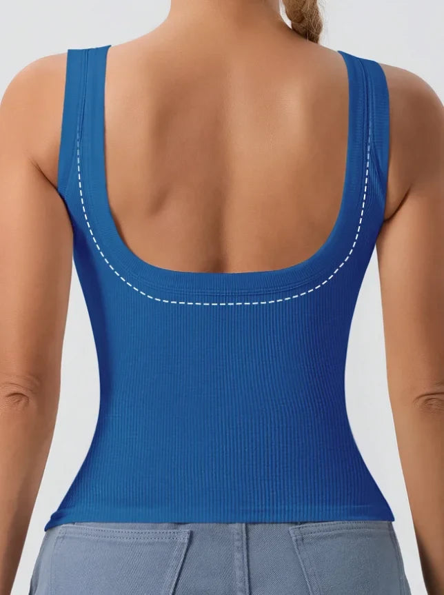 Women's Ribbed One-Piece Tank Top - Built-In Bra Square Neck Slim Fit Summer Bodysuit