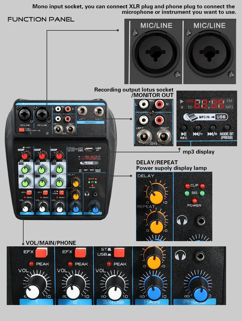 4 Channel DJ Mixer Console – Bluetooth, 48V Phantom Power, USB Audio Interface for Monitor & Karaoke System