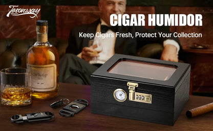 Cedar Wood Cigar Humidor – Glass Top Desktop Cigar Box with Front Hygrometer, Humidifier, Divider, and Accessories Drawer