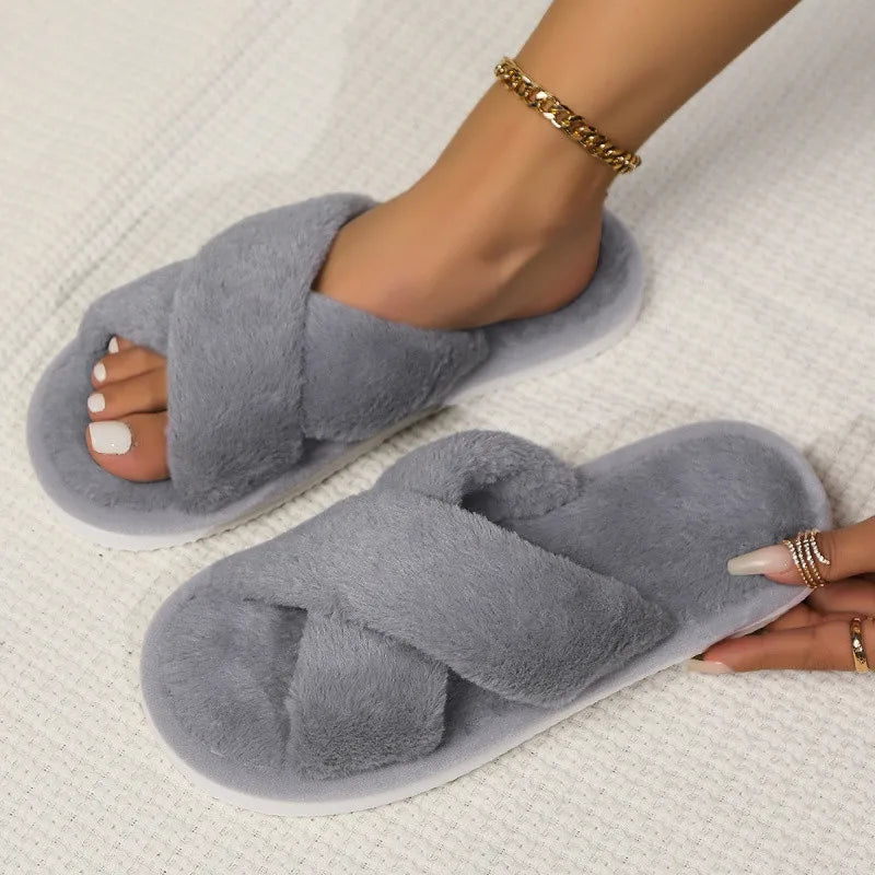 Women’s Cross Band Fur Slippers – Fluffy Open-Toe Plush Home Shoes with Soft Non-Slip Sole