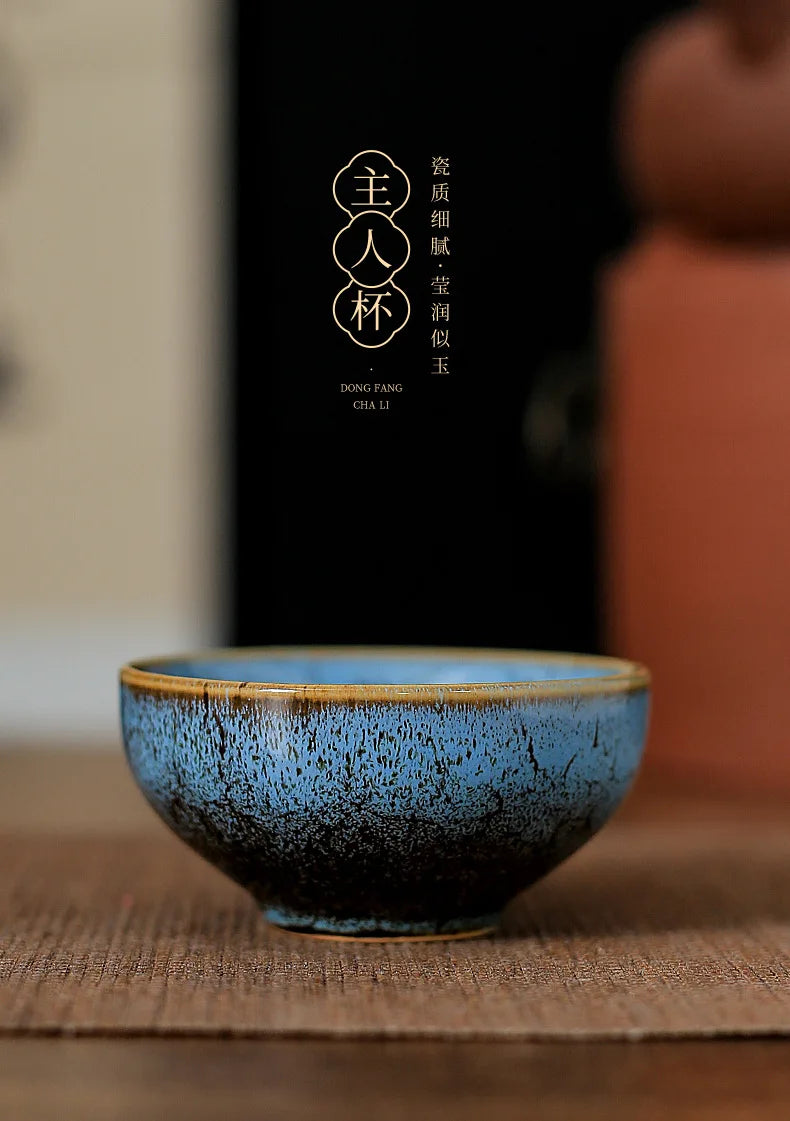 45ml Household Ceramic Teacup – Kiln Change Satin Blue Master Cup for Tea Tasting & Jianzhan Teahouse Teaware