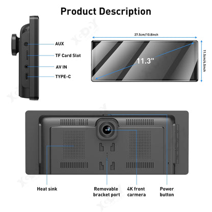XGODY 11.3" 4K Dash Cam – Wireless CarPlay, Android Auto, ADAS, GPS, Bluetooth, AUX DVR