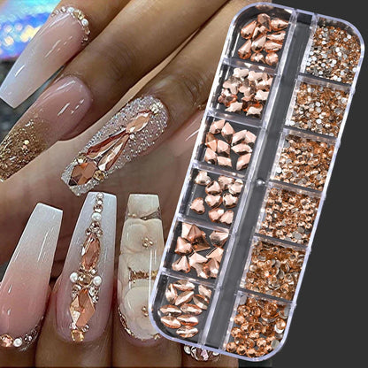 12-Grid 3D Glass AB Crystal Nail Art Rhinestones Kit – Flatback Round Beads with Tools for Nail Jewelry & Diamond Decoration