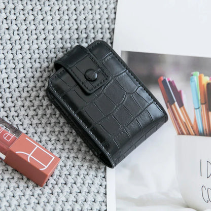 Mini Portable Lipstick Bag with Mirror - Small Cosmetic Bag with Button, Crocodile Embossed Women's Makeup Storage Case